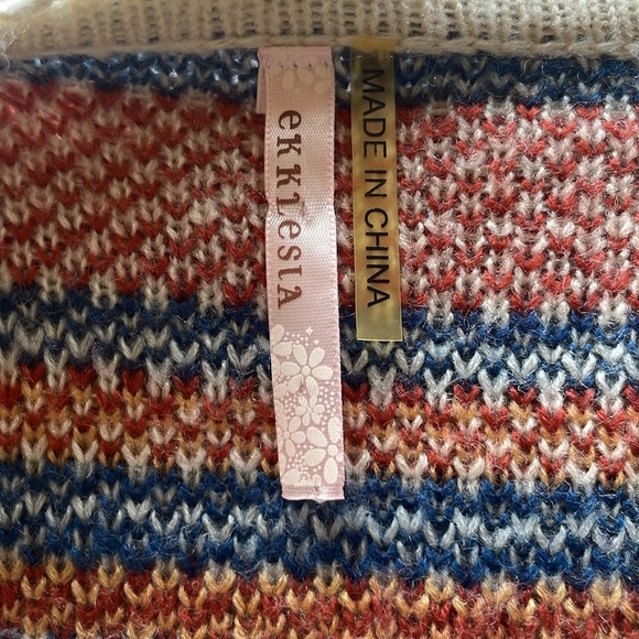 Ekklesia Fair Isle Tribal Aztec Multi Stripe Open Front Cardi Blue Orange Sz M/L - Picture 9 of 11